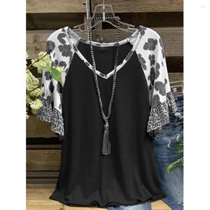 Dames t shirts mode v-neck luipaard print blouse ruches half mouw printing top t-shirt dames blouses 2023 korte mouwen