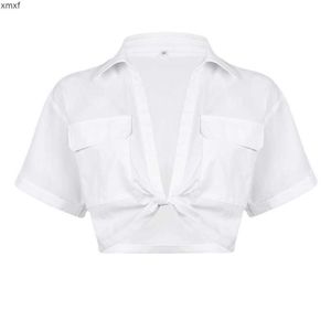 T-shirts pour femmes poche courte tops courte ouverte nombril exposée mode torsadé