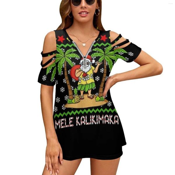 T-shirts pour femmes Mele Kalikamaka Noël hawaïen en juillet Hawaii Santa Gift Femmes Zipper Sexy Imprimé Vintage Tops T-shirt imprimé complet