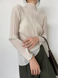 Dames T-shirts Miyake Pleats Vrouwen Shirt Tops High Fashion Designer Esthetische Kleding Comfortabel Causaal Coltrui T-shirt met lange mouwen