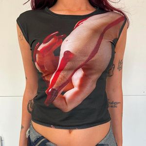 T-shirts pour femmes y2k personnalité toucher 3D imprime sans manches crop top women fout leck pullover esthétique de streetwear gothique