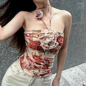Damestanks 2023 Spring kleding Europeaan en Amerikaanse retro buis top gerimpelde rose print halter nek camisole vestidos