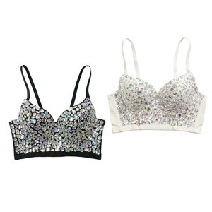 Femmes Réservoirs Cami Sexy VNeck Bustier Soutien-Gorge Glitter Couleur Diamant Gemstone Push Up Corset Camisole Rave Sling Crop Top 230509