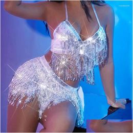 Femmes Tanks Camis 2024 Paillettes Gland Jupe Et Cami Top Ensemble Sliver Robe Stretch Métallique Rave Party Festival Hip Dance 2 Pièces Dro Otkpu