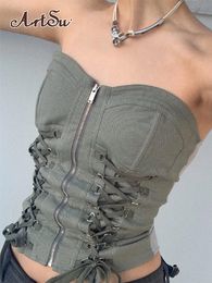 Femmes Tanks Camis Artsu Zip Up Corset Top y2k Chic Bandage Bodycon Bustier Crop Fairycore Grunge Vest Harajuku Vintage 230510