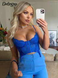 Femmes Débardeurs Camis Darlingaga Y2K Mode Sangle Maigre Bleu Corset Dentelle Top Femme Dos Nu Bandage Sexy Crop Tops Crochet Transparent Bralette 230509