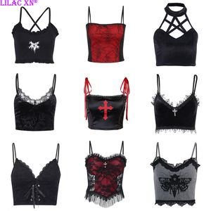 Femmes Débardeurs Camis Goth Croix Imprimer Dentelle Moulante Crop Tops Camis Sexy Y2K Esthétique Noir Rouge Basique Corset Débardeur Vêtements D'été pour Femmes Filles 230320