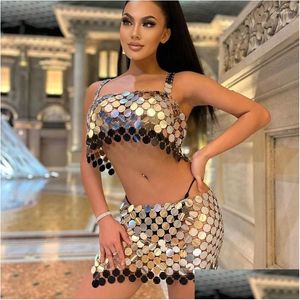 Débardeurs pour femmes Camis à la main Squamous Glitters Paillettes Disco Jupe Soutien-gorge Ensemble Travail Strappy Nightclub Party Sliver Halter Top Drop Livraison Otfzu