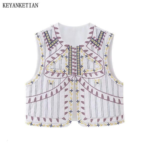 Femmes Débardeurs Camis KEYANKETIAN Été Fleur Branches Broderie Mince Gilet Femmes Tribal Ethnique Vent Col Rond Sans Bouton Haut Court 230712