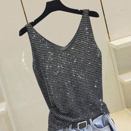 Débardeur en tricot avec strass pour femmes, chemise à bascule, sans manches, en soie brillante, hauts pour femmes, 2022