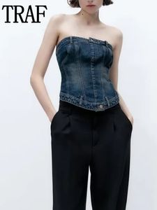 Femmes Débardeurs Camis TRAF Denim Corset Top Femme Bleu Crop Off Épaule Tube s Streetwear Sexy Dos Nu Bustier s Dames 230509