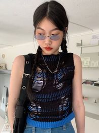 Femmes Débardeurs Camis Vintage Crop Top Sans Manches Lâche Trou Déchiré Débardeur Femmes D'été À La Mode Harajuku Gothique Y2k Tricoté Dos Nu Gilet 230510