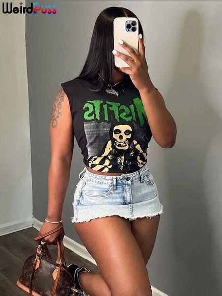 Tanks de mujer Camis Cat Weird Cat Halloween Crop Cort Top Carta de calavera Impresión Alegable Correa de hombro sin mangas Festival Festival Festival Festival Y2K Street Clothing