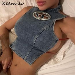 Womens Tanks Camis Xeemilo Y2K Vrouwen Blue Denim Slim Tank Top Sexy Halfhoge Kraag Backless Crop Tops Zomer Streetwear Onregelmatige Korsetten 230713