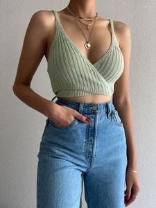 Tanks pour femmes Sexy V Neck Backless Laceless Up Up Bralette Crops Tops Camisole pour les femmes 2023 Summer Casual Holiday Green Top Top