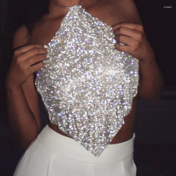 Tanks pour femmes Tabbure de diamant brillant Crystal Hingestone licou bas Lowless Backless Crops Sexy Nightclub Y2K Festival Rave Party Camis