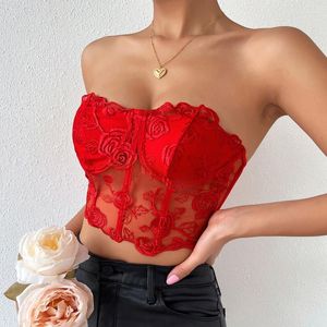 Tanks de mujer Mujeres Summer Semana Sexy Corcha sin tirantes Tubo Tubo Top Bordado floral Bordado transparente Mini Bustier Bralette Backless Fishbone