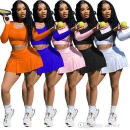 Femmes Tennis Survêtements Printemps Automne Yoga Vêtements De Sport À Manches Longues Crop Top Shorts Jupe 2 pcs Jogging Costume Maigre Tenues 2XL