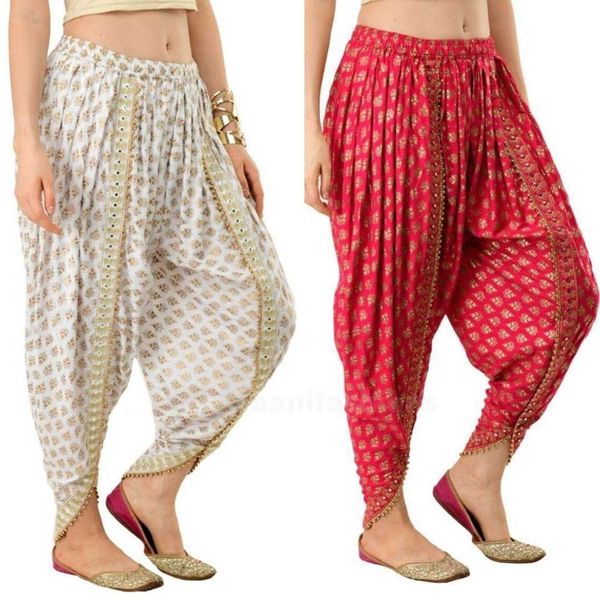 Pantalon thaïlandais pour femme en soie indienne.Pantalon portefeuille Boho.Imprimé cachemire floral bleu et rose avec inserts dorés.