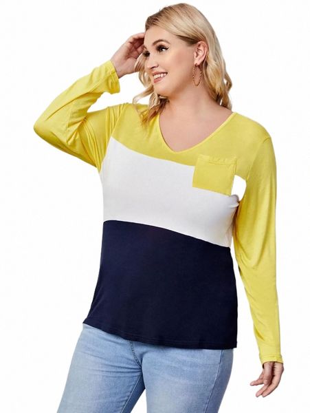 Femmes Tie Back Plus Taille Casual T-shirt Poche Design Lg Manches Jaune Bleu Blanc Bloqué Printemps Automne Élégant Top Blouse 6X i58V #