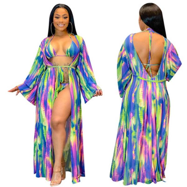 Femmes Tie-dye Impression Maillots De Bain Costumes Tendance De La Mode Rassembler Soutiens-Gorge Culottes Split Bikini Longue Cape Maillot De Bain Été Femme Casual Plage 3 Pcs Ensembles