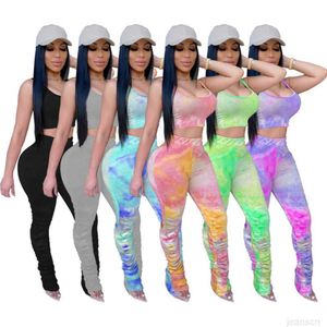 Womens Tie Dye Korte 2023 Delige Set Trainingspak Club Mode Vest Geplooide Lange Broek Joggingpak Desiger T-shirt strakke Broek Outfits