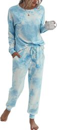 Conjunto de pijama de dos piezas Tie Dye para mujer, ropa deportiva informal de manga larga combinada con pantalones largos para uso doméstico 1 FXCC