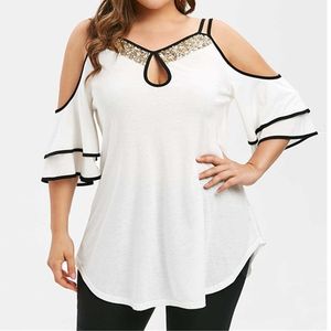 Womens Tops en Blouses Zomer Sexy Off Shoulder Top Casual Halve Mouw Blouse Dames Patchwork Sequin Shirt Blusa Plus Size T200720