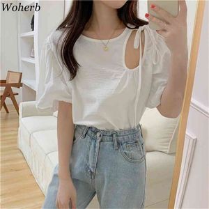 Tops para mujer Chic Hollow Out Blusas sexy O-cuello Puff manga fuera del hombro Camisa blanca suelta Blusas Mujer Moda 210519