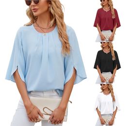 Tops pour femmes Habillons de couche de scoop plissé décontracté 3/4 Shirts Summer Bureau Blouses en mousseline de mousseline 2404101