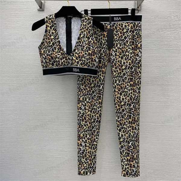 Chándal para mujer Jogging Suit Leopard Patchwork Letter Logo Conjuntos de dos piezas Fitness Sports High Stretch Yoga Suits Crop Top y Leggings Pantalones Chándales de diseñador