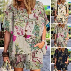 Dames tracksuits 2pcs dames vintage bloemen bedrukte korte mouw blouse suit zomersets casual los tracksuit strand 230209