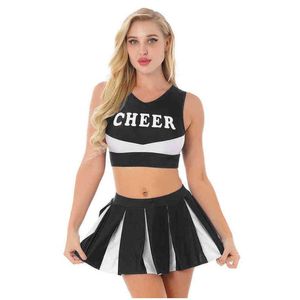 Survêtements pour femmes Cheerleading Uniforme Danse Come V Cou Sans Manches Crop Top Avec Jupe Plissée School Girls Pom-Pom Girl Cosplay Out Dhz9M