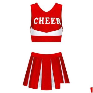 Dance uniformes de pom-cimeaux de pom-cichelle pour femmes Come V couche sans manches avec une jupe plissée scolaire filles pom-pom girl Cosplay Out Dhvui