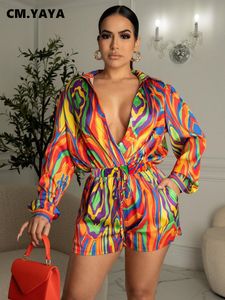 Femmes Survêtements CMYAYA Casual Tie Dye Imprimé Ensemble Revers Chemise À Manches Longues Tops et Shorts Costume Deux 2 Pièce Femme Survêtement Tenues 230209