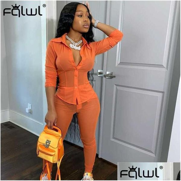 Femmes Survêtements FQLWL Voir à travers Y Club Neon 2 Two Piece Set Femmes Tenues à manches longues Bodycon Mesh Shirt Leggings Ensembles assortis Y0 Dhl1E