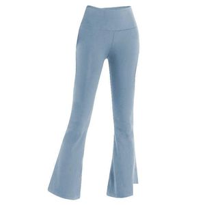 Suits-survêtements LU-06 Femmes High Waist Yoga Pantalons évasés Pantalons de sport de jambe solide Couleur Slim Hips Collons de danse Loose Dames Gy OT2DQ