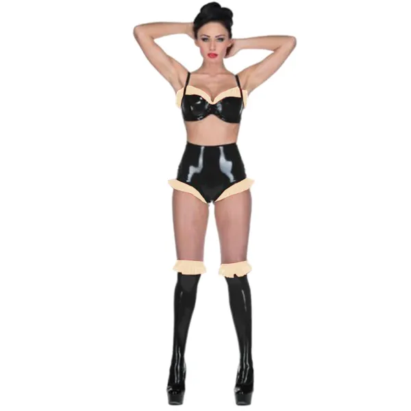 Trajes de mujer Sexy Mujeres Patchwork PVC Bikini Trajes Sujetador Correa Tops Medias cortas y altas Ropa interior Conjuntos de lencería exótica Fiesta Verano