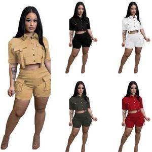 Survêtements pour femmes été bouton multi poche deux pièces ensemble élastique à manches courtes hauts et shorts tenues