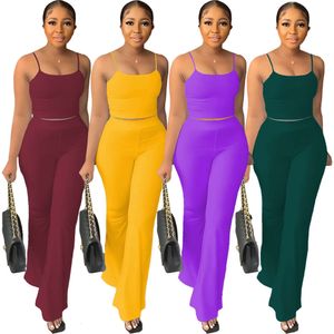 Suits-survêtements pour femmes Deux pièces de jeu de jeux 2024 Nouveau Solid Camisole Slim Bell-Bottoms Simple Fashion Costumes 8 couleurs