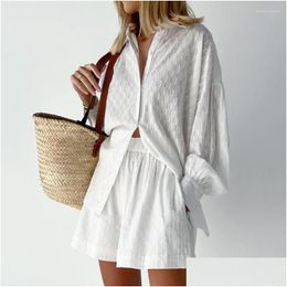 Suits de route pour femmes Femme en lin blanc coton simple Boho costumes plage d'été bohème 2 pièces sets tenues de livraison drop apparition dhrxi