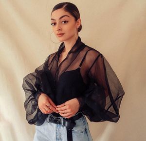 Femmes Transparent Organza Blouse Femmes Femmes Blouses Puff Sleeve Top Blusa Sheer Hollow Out Mujer Fashion Sexy Bow Tops Mesh Blous2899597