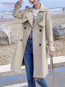 Dames Trench Coats Aelegantmis Women Casual Long Coat With Sashes Double Breasted Wind Breaker Chic Office Ladies Outerwear 230822