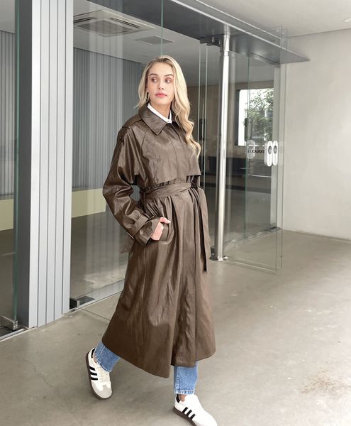 Trench-Coats pour femmes, design d'automne, manteau Maxi Long en cuir avec ceinture, coupe-vent Chic en PU classique 230904