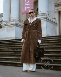Trench Coats Womens Ducie Double-Basted Suede Brown Long Trench Coats