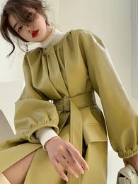 Trenchs femme KBAT veste longue en cuir PU mode coréenne automne coupe-vent vert ceintures en Faux cuir bureau dame Trench Coat vêtements d'extérieur 230114