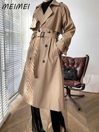 Gabardinas para mujer, chaquetas de moda coreana con cinturón, cazadora caqui elegante con doble botonadura, abrigo largo informal, ropa de calle 230927