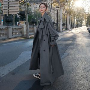 Dames geul jassen Koreaanse stijl losse oversized xlong jas dubbelbruiled riem dame mantel windjager lente herfst bovenkleding grijs 230131