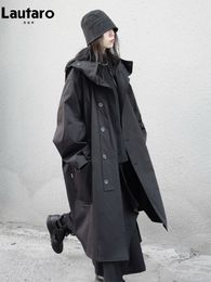 Trenchs pour femmes Lautaro printemps automne long manteau noir surdimensionné avec capuche Dark Academia esthétique vêtements de créateur de luxe pour femmes 230904