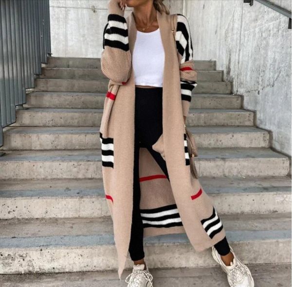 Femmes Trench Coats Long style pull tricoté Cardigan femmes élégant rayé Patchwork lâche longue vêtements d'extérieur décontracté à manches longues pull manteau c1T3 #